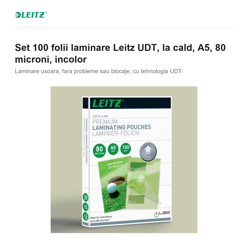 Set 100 folii laminare Leitz UDT, la cald, A5, 80 microni, incolor [2]