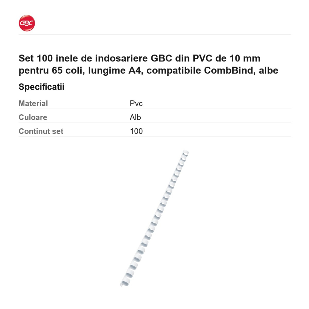 Set 100 inele de indosariere GBC din PVC de 10 mm pentru 65 coli, lungime A4, compatibile CombBind, albe [3]