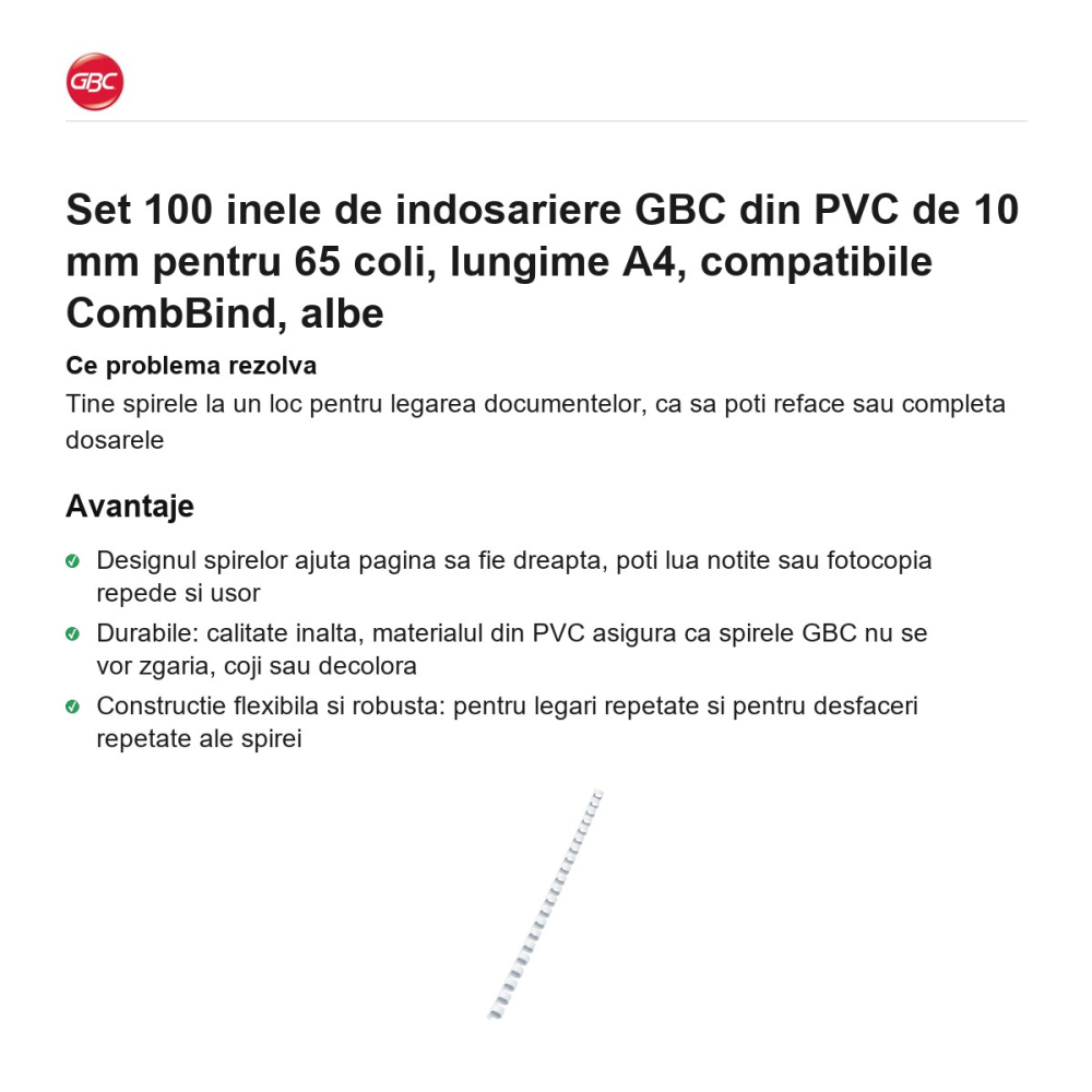 Set 100 inele de indosariere GBC din PVC de 10 mm pentru 65 coli, lungime A4, compatibile CombBind, albe [2]