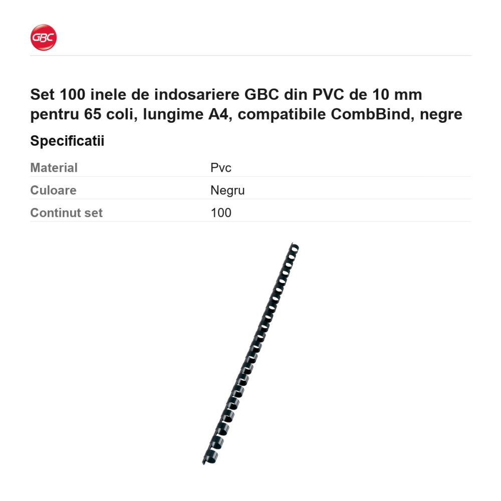 Set 100 inele de indosariere GBC din PVC de 10 mm pentru 65 coli, lungime A4, compatibile CombBind, negre [3]