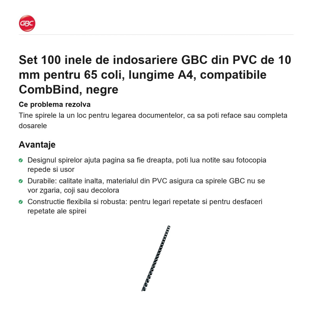 Set 100 inele de indosariere GBC din PVC de 10 mm pentru 65 coli, lungime A4, compatibile CombBind, negre [2]