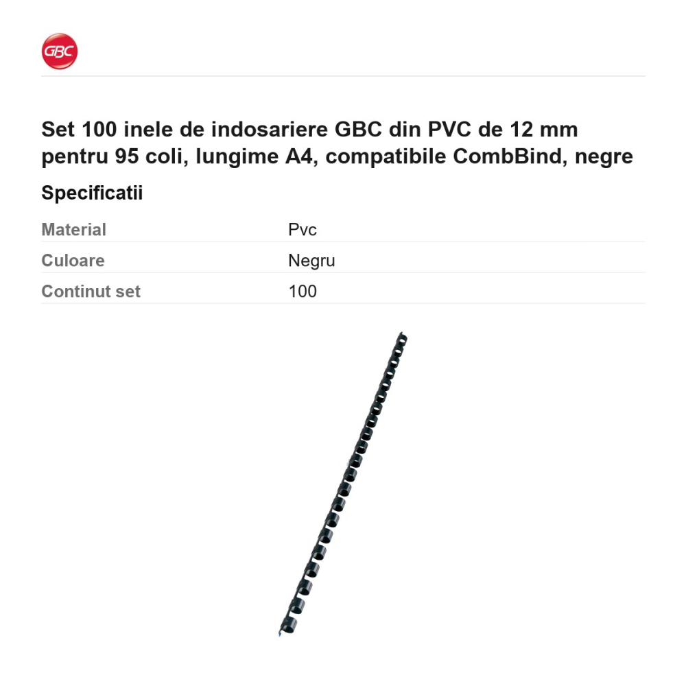 Set 100 inele de indosariere GBC din PVC de 12 mm pentru 95 coli, lungime A4, compatibile CombBind, negre [3]