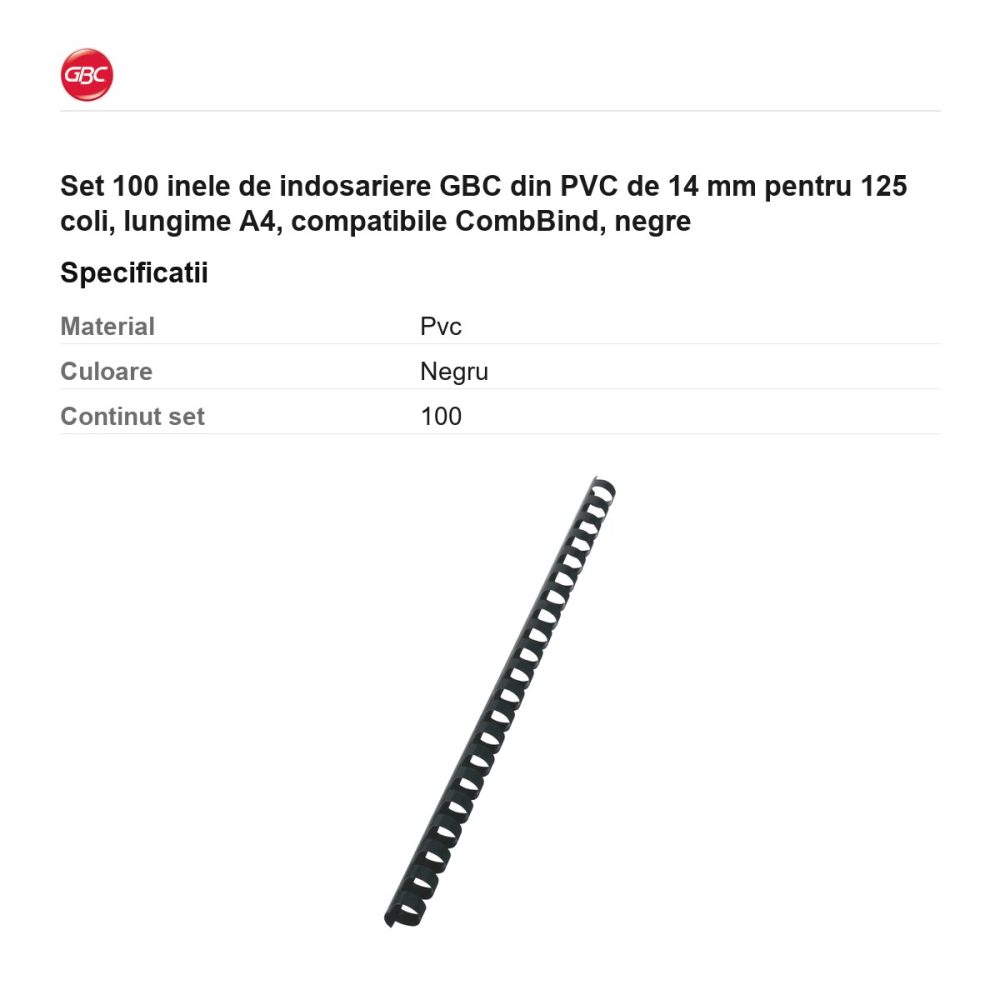 Set 100 inele de indosariere GBC din PVC de 14 mm pentru 125 coli, lungime A4, compatibile CombBind, negre [3]