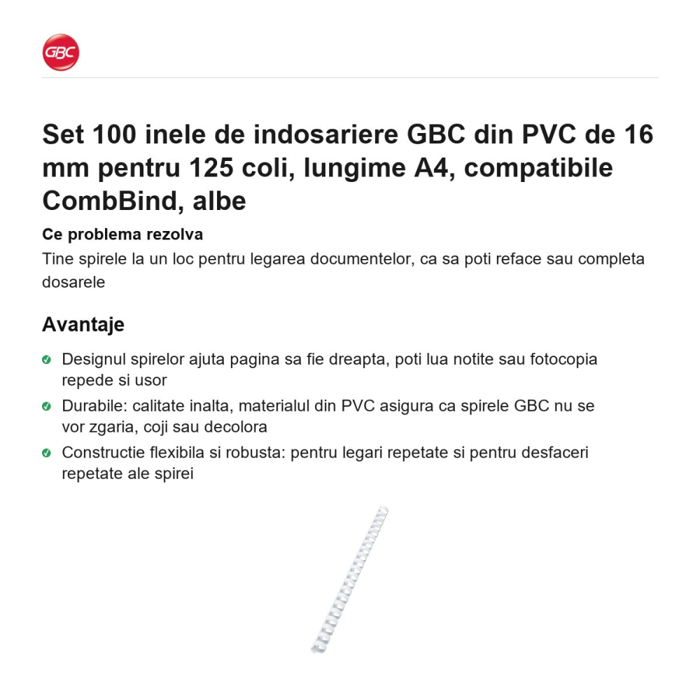 Set 100 inele de indosariere GBC din PVC de 16 mm pentru 125 coli, lungime A4, compatibile CombBind, albe [2]
