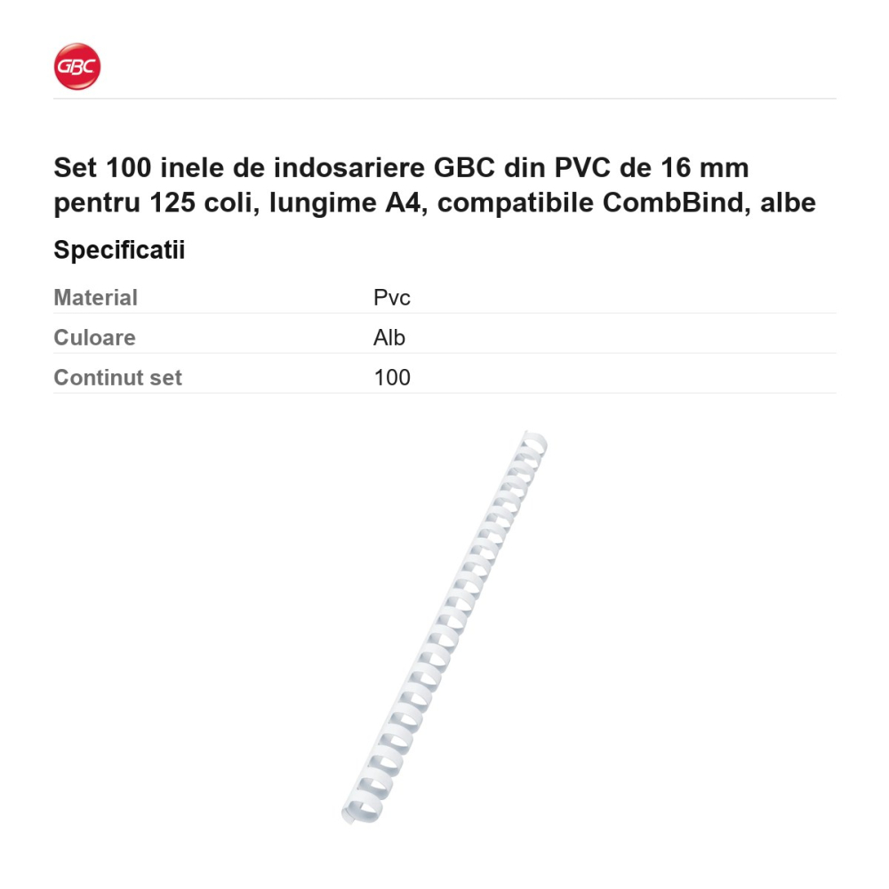 Set 100 inele de indosariere GBC din PVC de 16 mm pentru 125 coli, lungime A4, compatibile CombBind, albe [3]