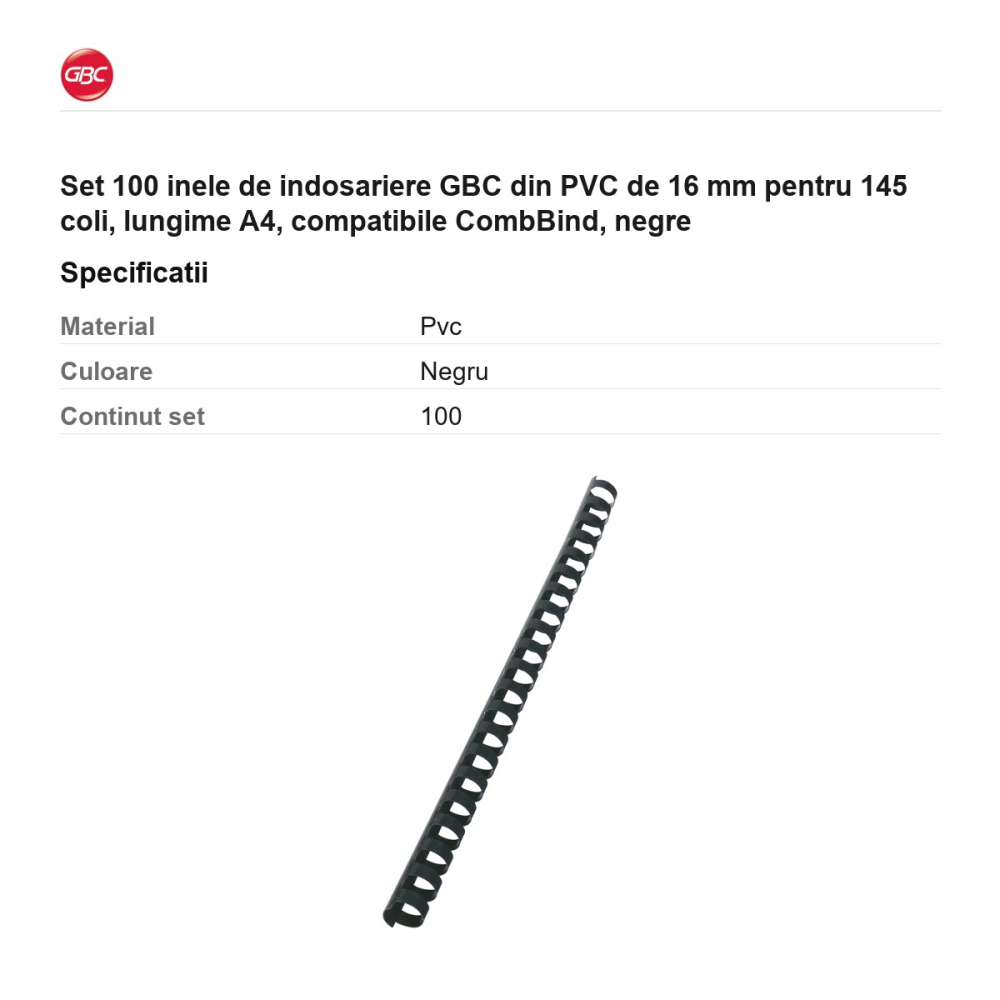 Set 100 inele de indosariere GBC din PVC de 16 mm pentru 145 coli, lungime A4, compatibile CombBind, negre [3]
