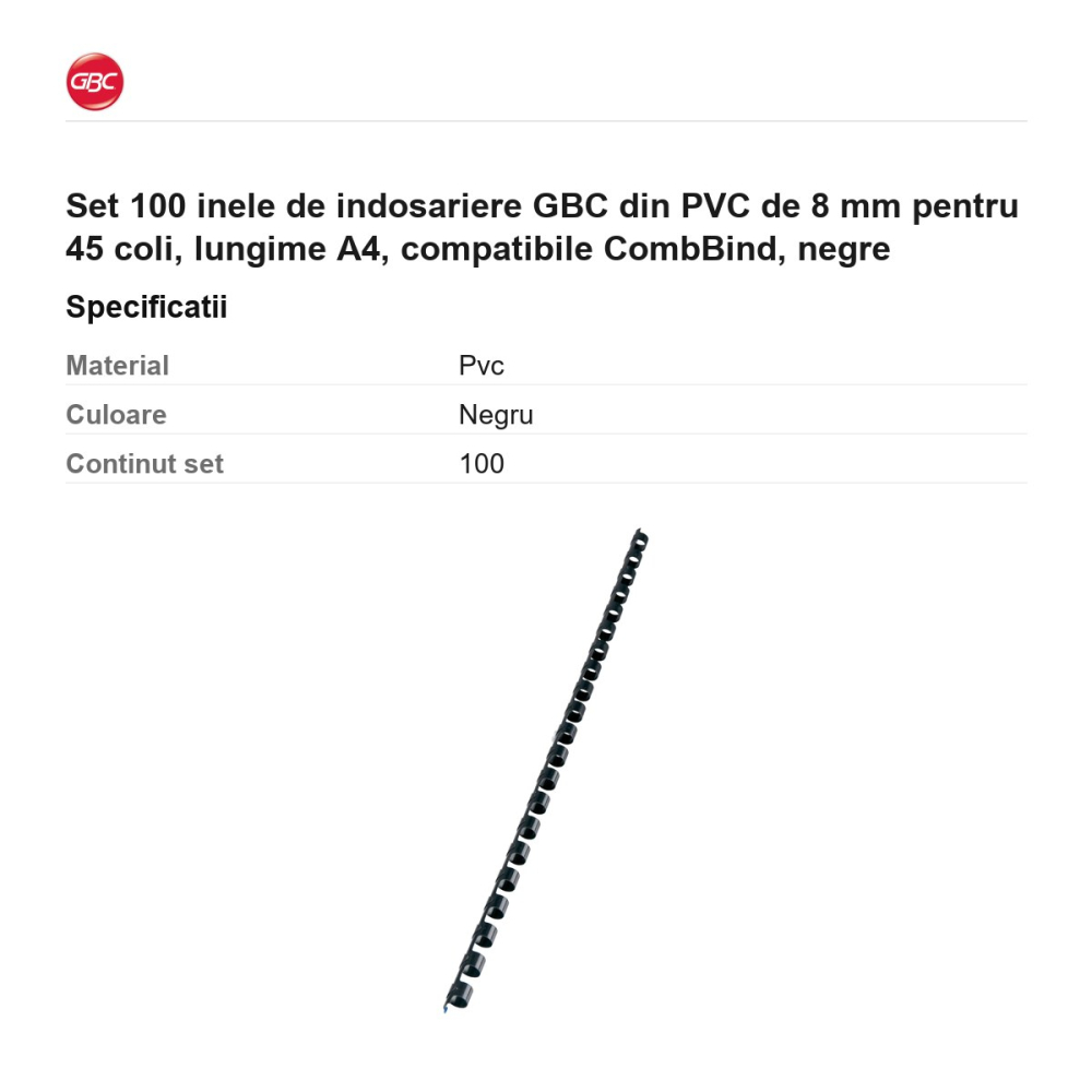 Set 100 inele de indosariere GBC din PVC de 8 mm pentru 45 coli, lungime A4, compatibile CombBind, negre [3]