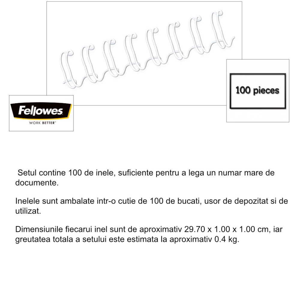 Set 100 inele metalice 10 mm alb, Fellowes, pentru legare cu spirala metalica, capacitate 80 coli [2]