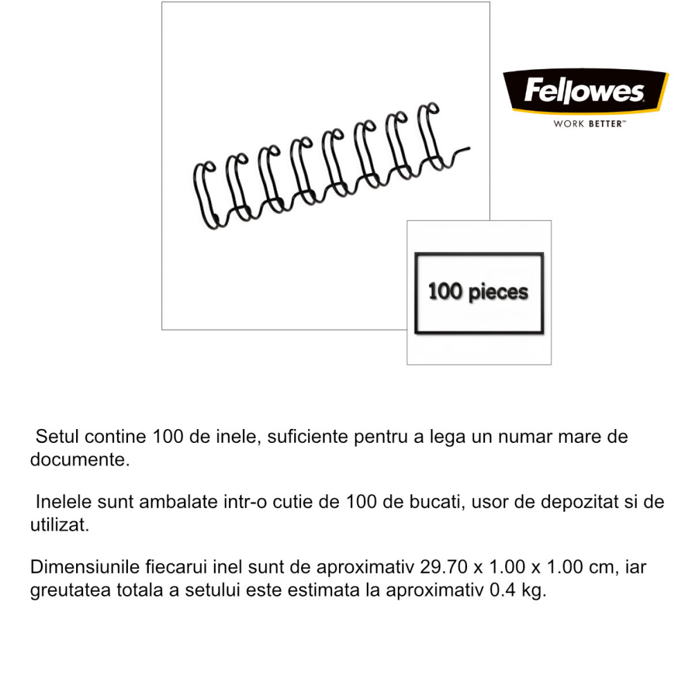 Set 100 inele metalice 10 mm negru, Fellowes, pentru legare cu spirala metalica, capacitate 80 coli [2]