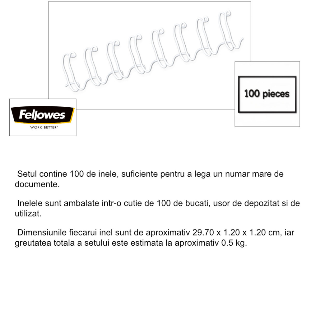 Set 100 inele metalice 12 mm alb, Fellowes, pentru legare cu spirala metalica, capacitate 100 coli [2]
