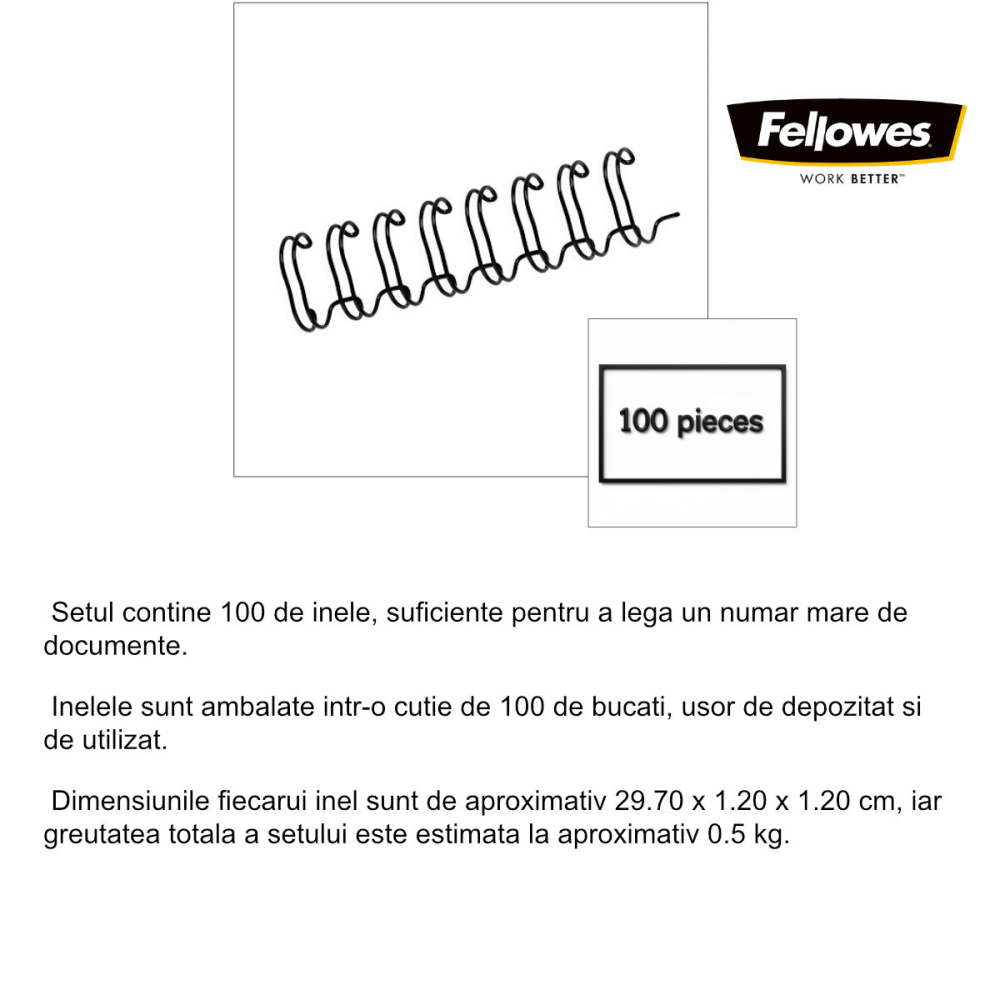 Set 100 inele metalice 12 mm negru, Fellowes, pentru legare cu spirala metalica, capacitate 100 coli [2]
