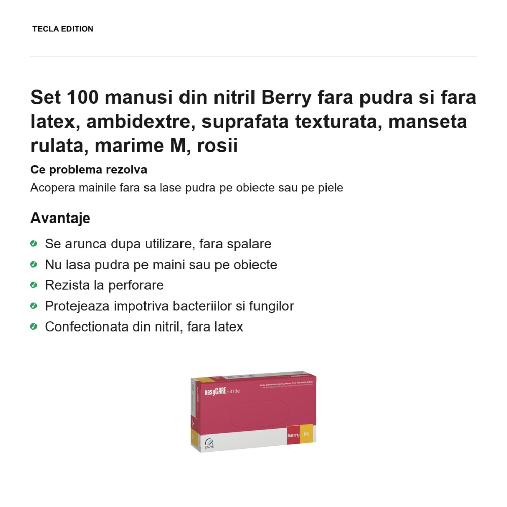 Set 100 manusi din nitril Berry fara pudra si fara latex, ambidextre, suprafata texturata, manseta rulata, marime M, rosii [2]