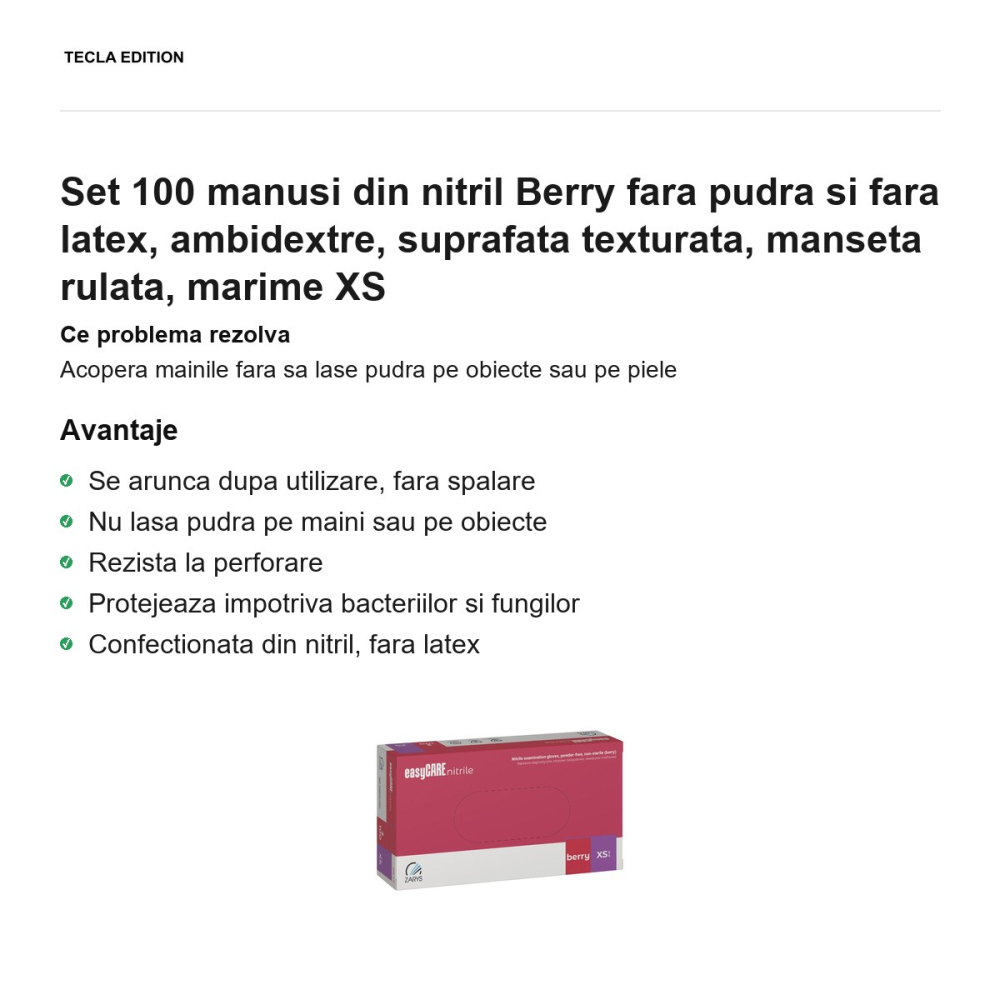Set 100 manusi din nitril Berry fara pudra si fara latex, ambidextre, suprafata texturata, manseta rulata, marime XS [2]