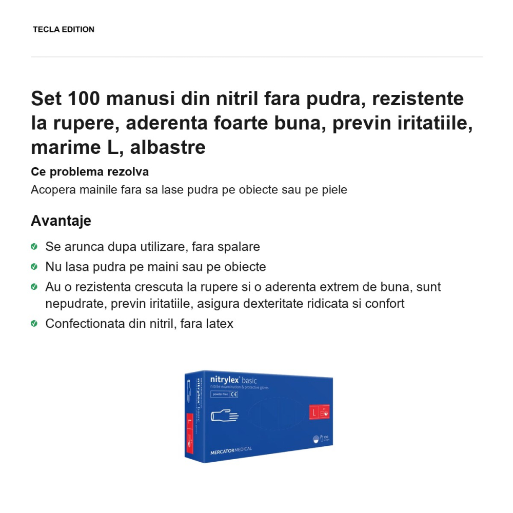 Set 100 manusi din nitril fara pudra, rezistente la rupere, aderenta foarte buna, previn iritatiile, marime L, albastre [2]
