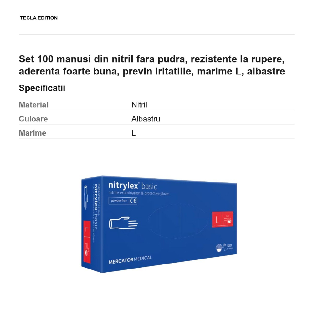Set 100 manusi din nitril fara pudra, rezistente la rupere, aderenta foarte buna, previn iritatiile, marime L, albastre [3]