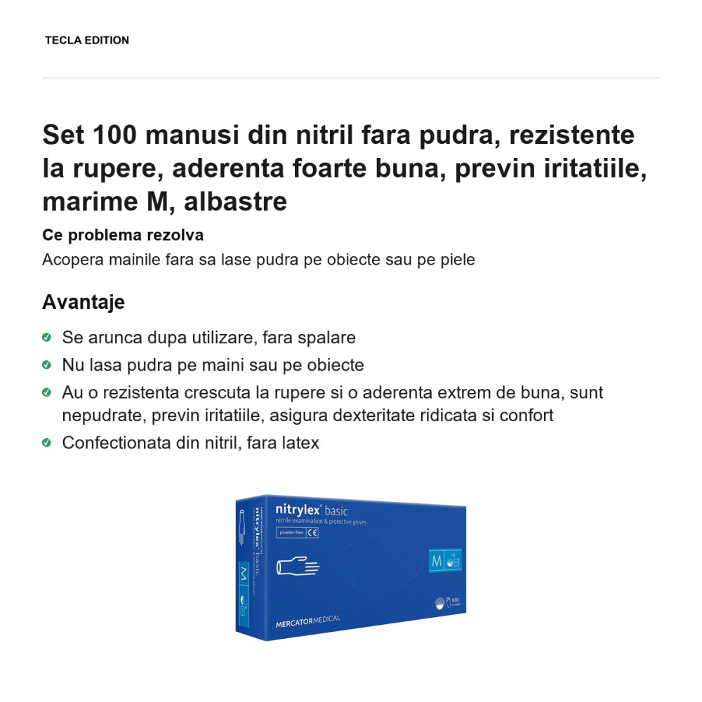 Set 100 manusi din nitril fara pudra, rezistente la rupere, aderenta foarte buna, previn iritatiile, marime M, albastre [2]