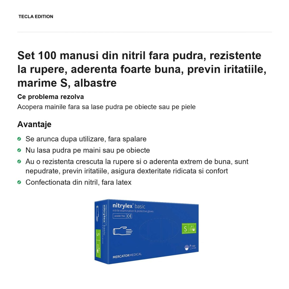 Set 100 manusi din nitril fara pudra, rezistente la rupere, aderenta foarte buna, previn iritatiile, marime S, albastre [2]