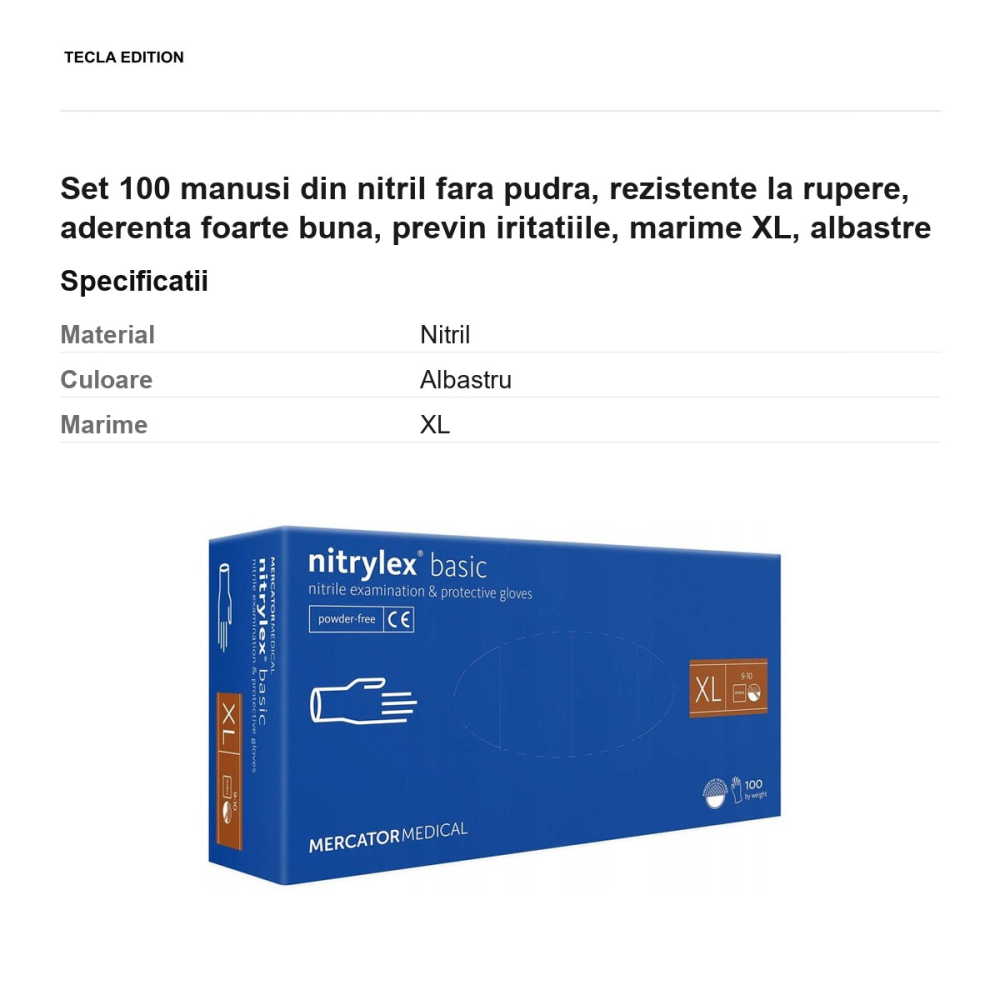 Set 100 manusi din nitril fara pudra, rezistente la rupere, aderenta foarte buna, previn iritatiile, marime XL, albastre [3]