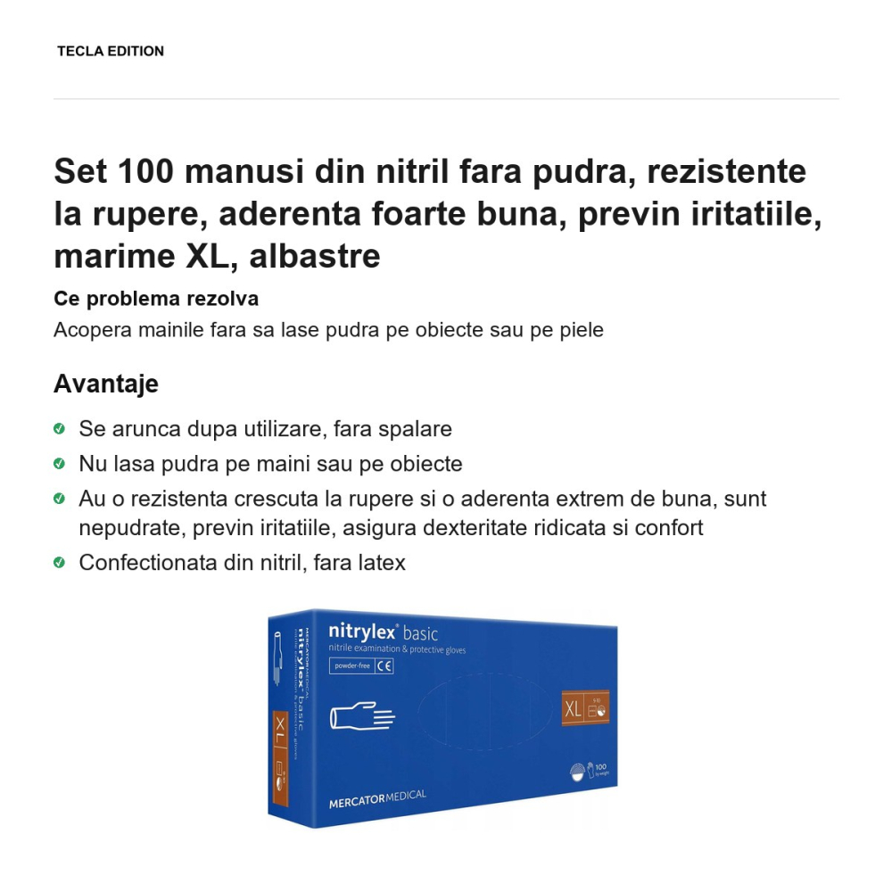 Set 100 manusi din nitril fara pudra, rezistente la rupere, aderenta foarte buna, previn iritatiile, marime XL, albastre [2]