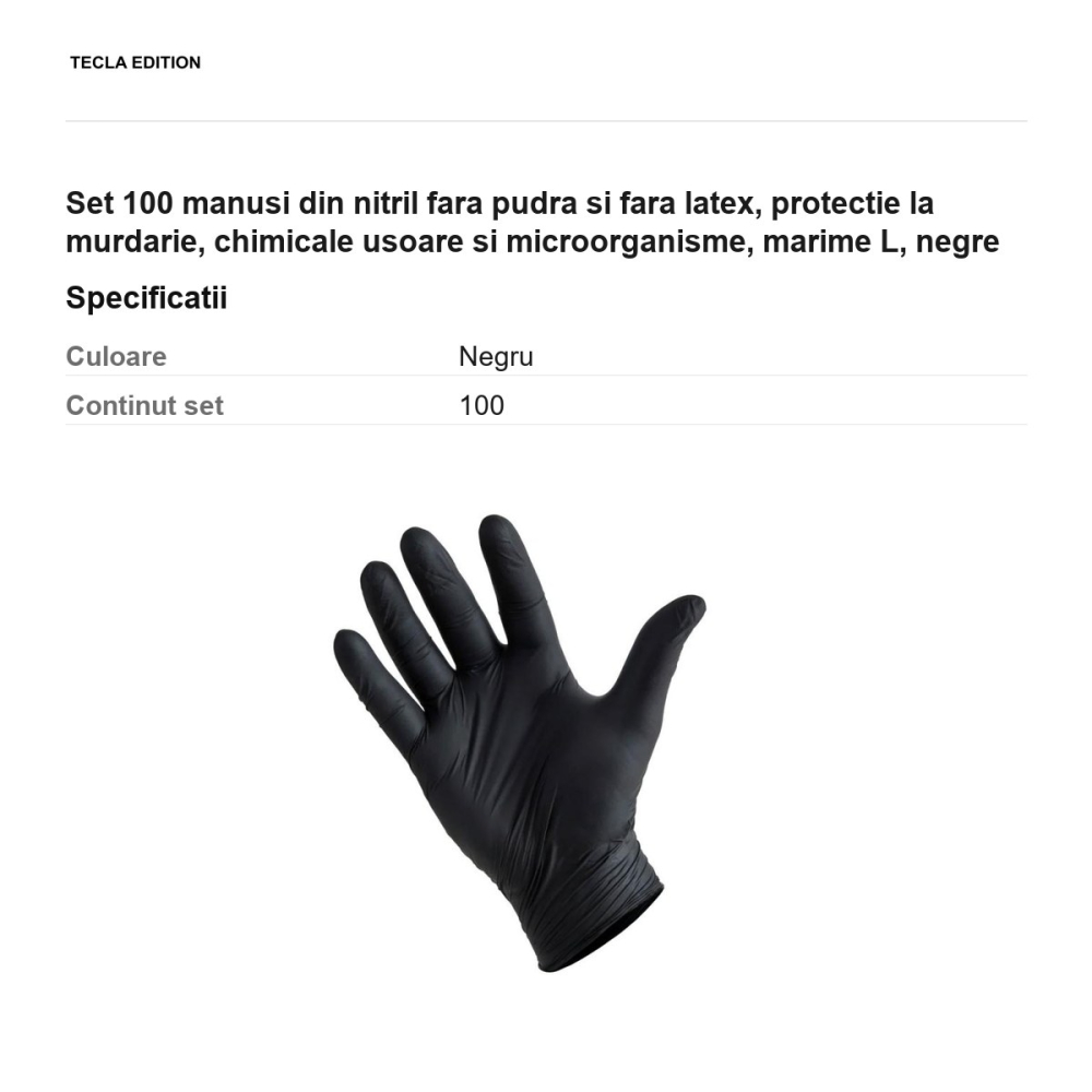 Set 100 manusi din nitril fara pudra si fara latex, protectie la murdarie, chimicale usoare si microorganisme, marime L, negre [3]