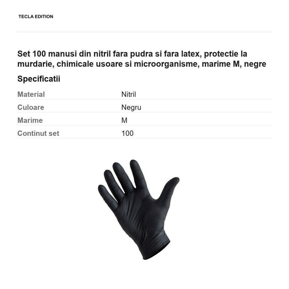 Set 100 manusi din nitril fara pudra si fara latex, protectie la murdarie, chimicale usoare si microorganisme, marime M, negre [3]