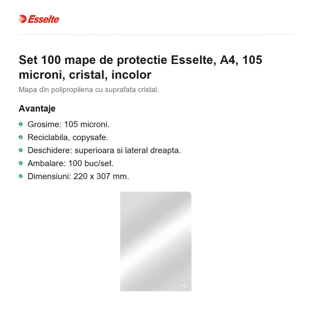 Set 100 mape de protectie Esselte, A4, 105 microni, cristal, incolor [2]