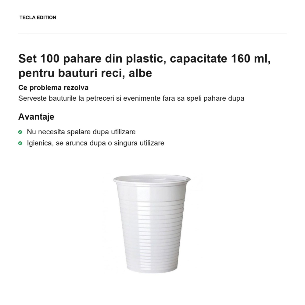Set 100 pahare din plastic, capacitate 160 ml, pentru bauturi reci, albe [2]