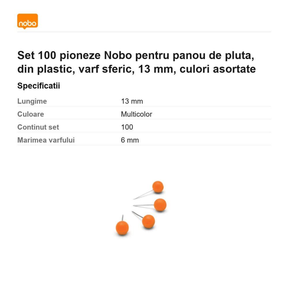 Set 100 pioneze Nobo pentru panou de pluta, din plastic, varf sferic, 13 mm, culori asortate [3]