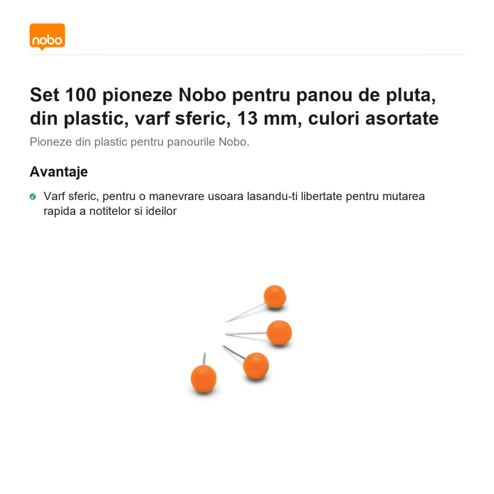 Set 100 pioneze Nobo pentru panou de pluta, din plastic, varf sferic, 13 mm, culori asortate [2]