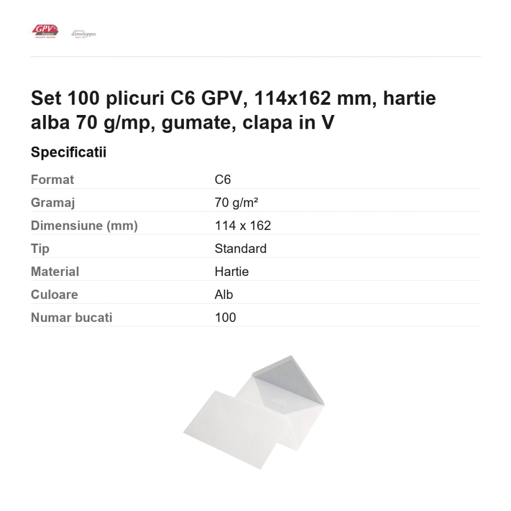 Set 100 plicuri C6 GPV, 114x162 mm, hartie alba 70 g/mp, gumate, clapa in V [3]