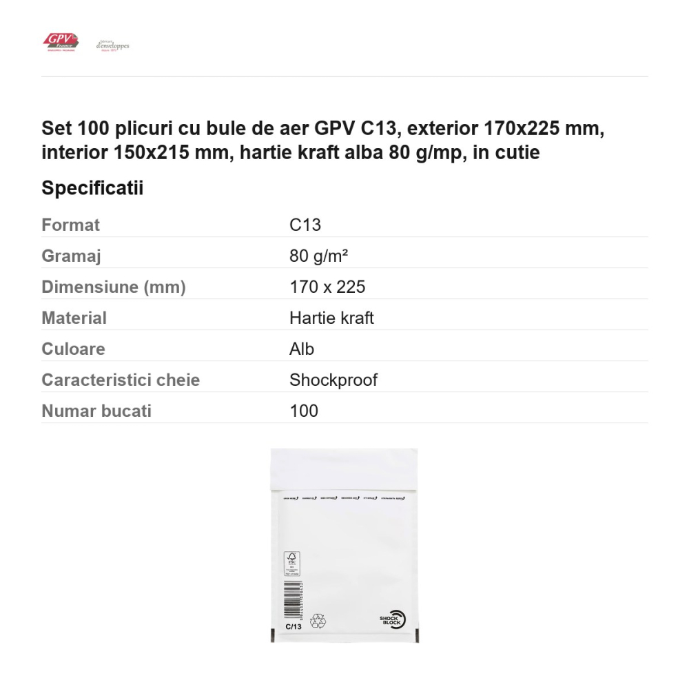 Set 100 plicuri cu bule de aer GPV C13, exterior 170x225 mm, interior 150x215 mm, hartie kraft alba 80 g/mp, in cutie [3]