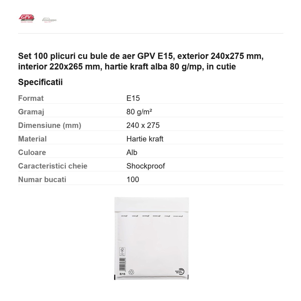 Set 100 plicuri cu bule de aer GPV E15, exterior 240x275 mm, interior 220x265 mm, hartie kraft alba 80 g/mp, in cutie [3]