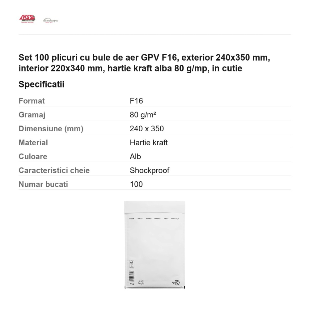 Set 100 plicuri cu bule de aer GPV F16, exterior 240x350 mm, interior 220x340 mm, hartie kraft alba 80 g/mp, in cutie [3]