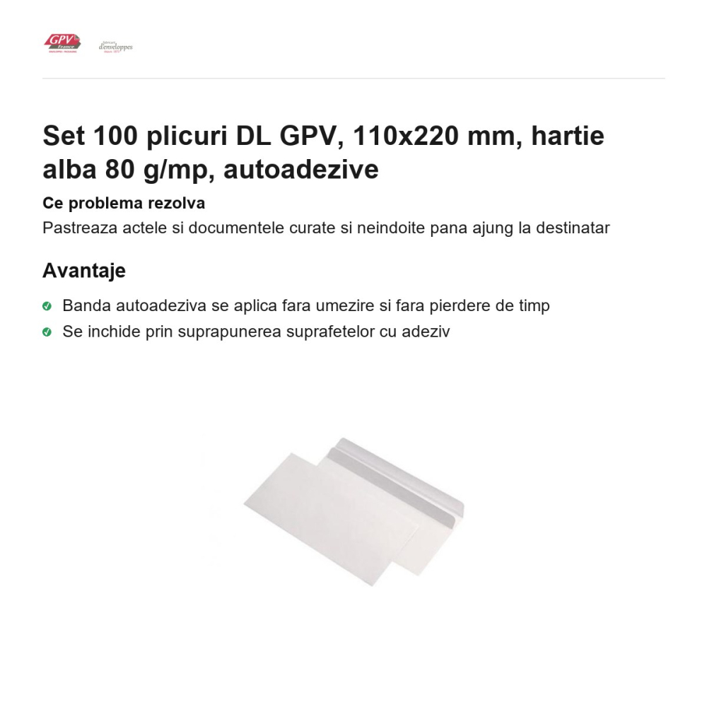 Set 100 plicuri DL GPV, 110x220 mm, hartie alba 80 g/mp, autoadezive [2]