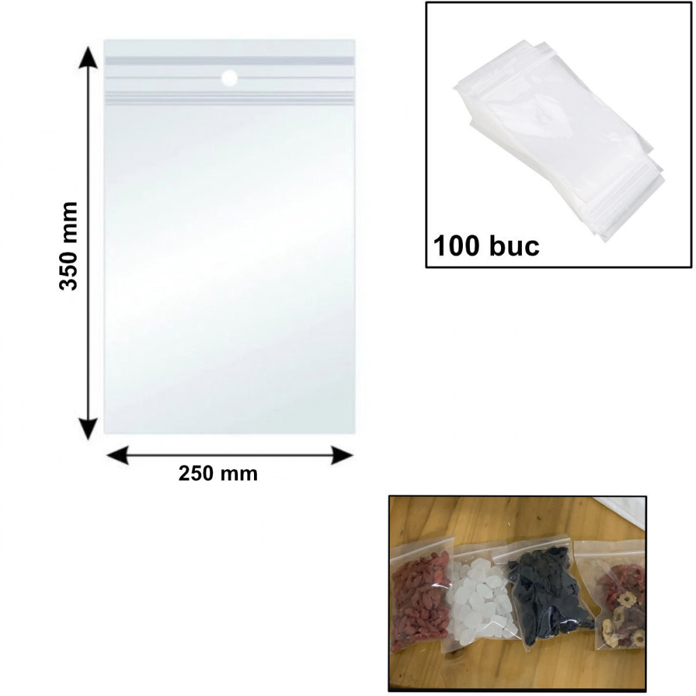 Set 100 Pungi cu Inchidere Zip, 250 x 350 mm, Grosime 40 Microni, din Polietilena Rezistenta, Reutilizabile pentru Depozitare Profesionala, Industriale Usoare si Organizare Voluminoasa [2]