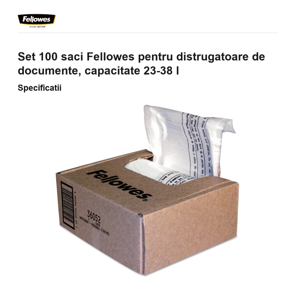 Set 100 saci Fellowes pentru distrugatoare de documente, capacitate 23-38 l [3]