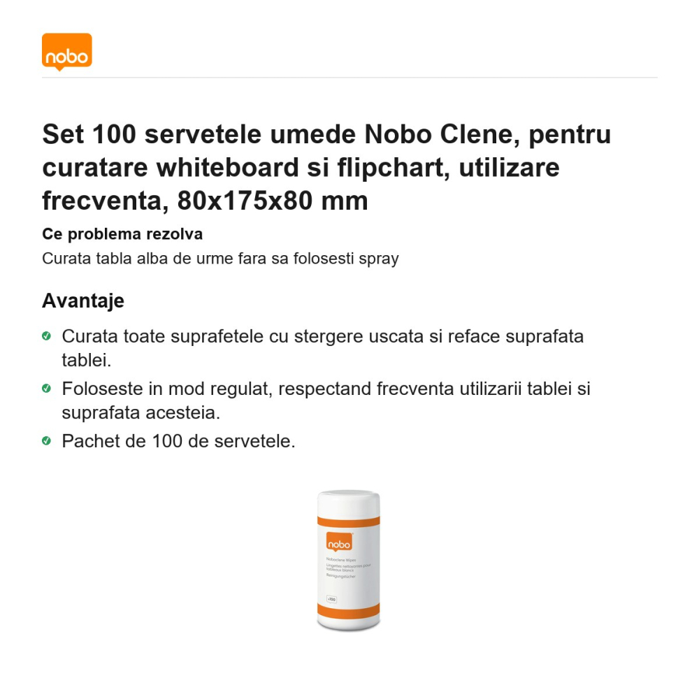 Set 100 servetele umede Nobo Clene, pentru curatare whiteboard si flipchart, utilizare frecventa, 80x175x80 mm [2]