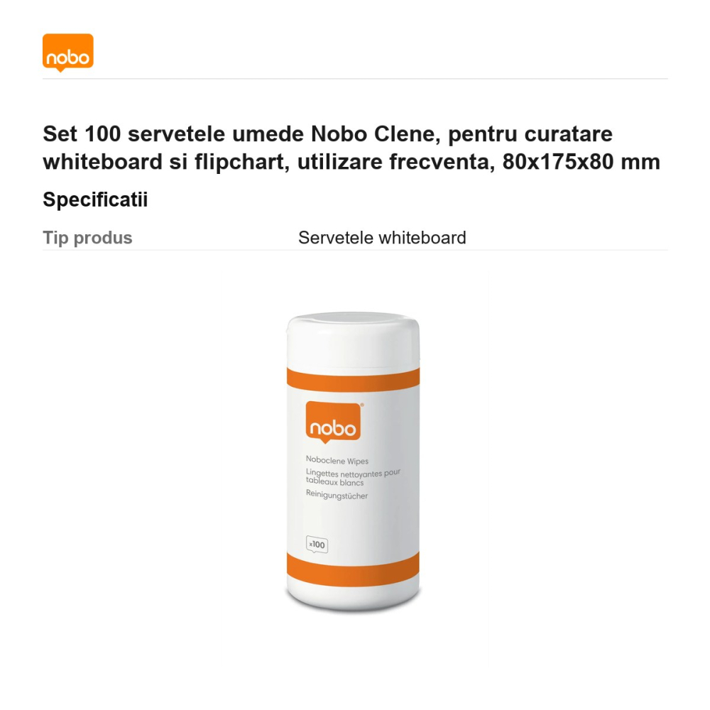 Set 100 servetele umede Nobo Clene, pentru curatare whiteboard si flipchart, utilizare frecventa, 80x175x80 mm [3]