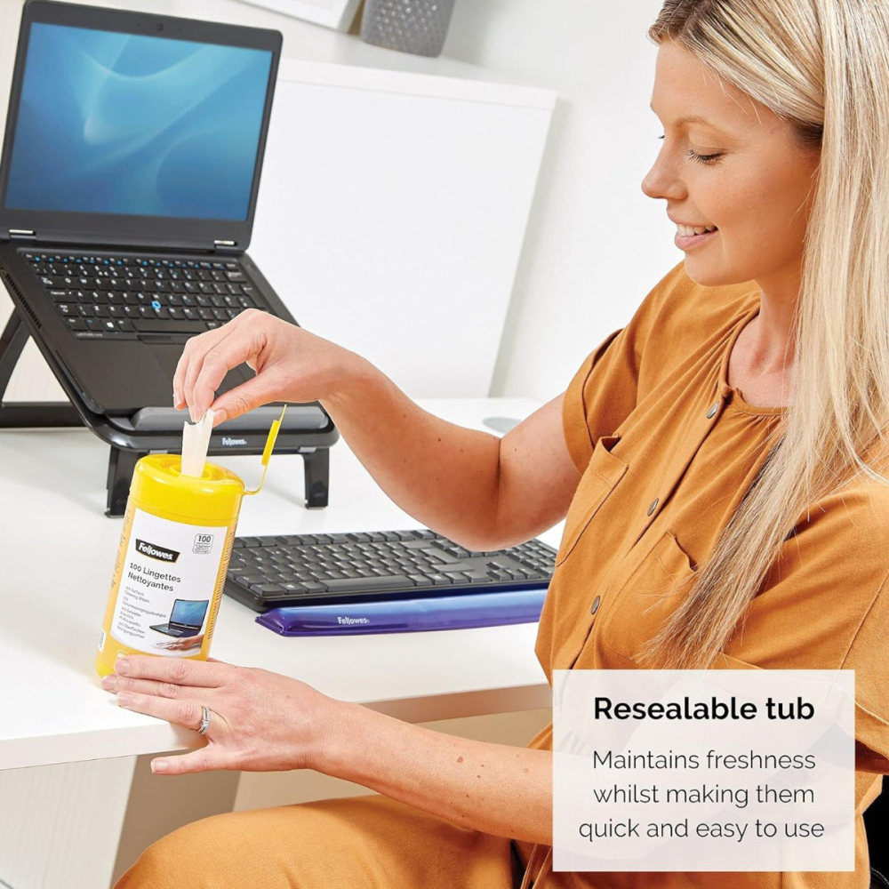 Set 100 servetele umede pentru curatare monitor, Fellowes, antistatice, biodegradabile, pentru ecrane LCD, TFT, laptop [4]