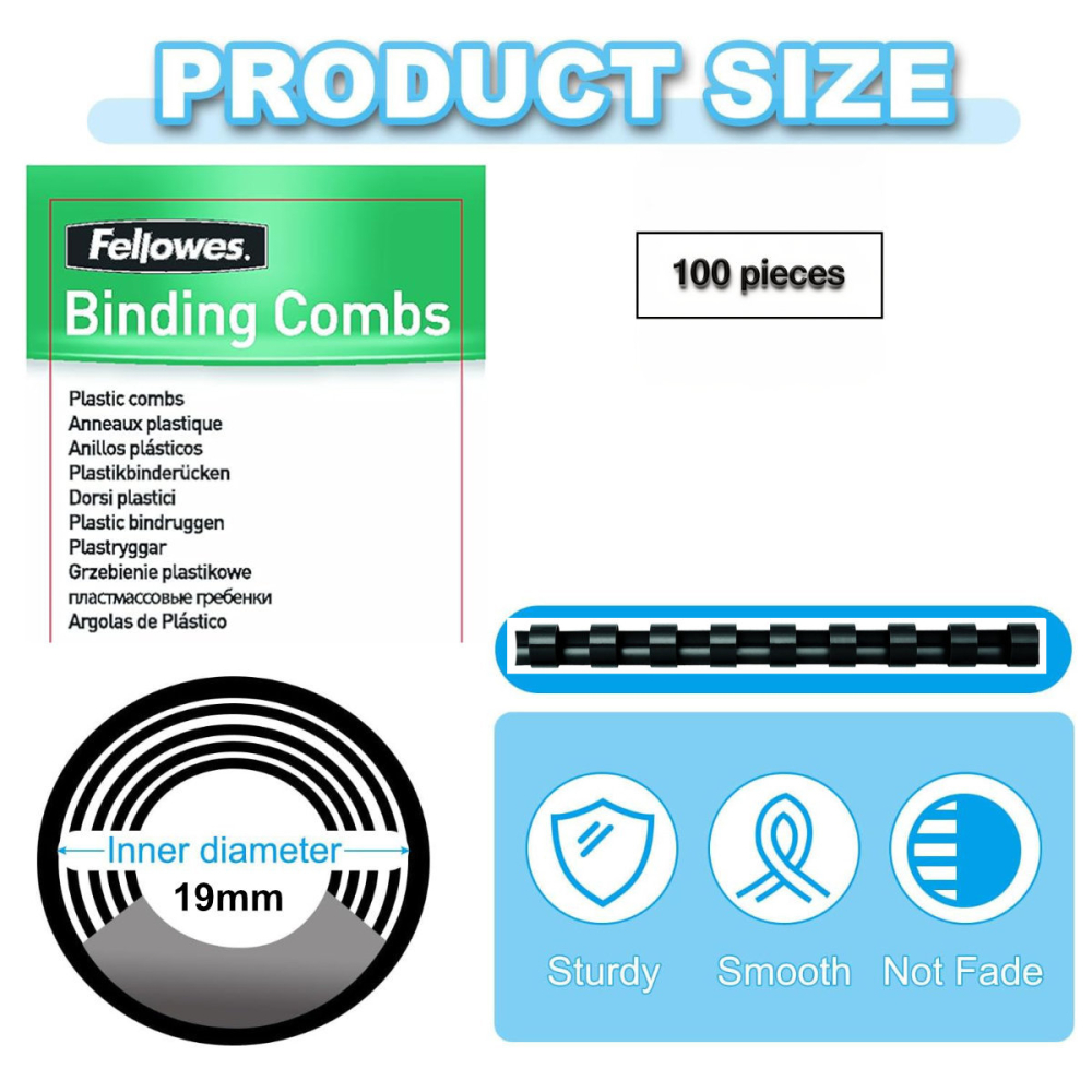Set 100 spire inele plastic 19 mm negru pentru legat documente A4 pana la 150 coli ambalaj economic Fellowes [2]