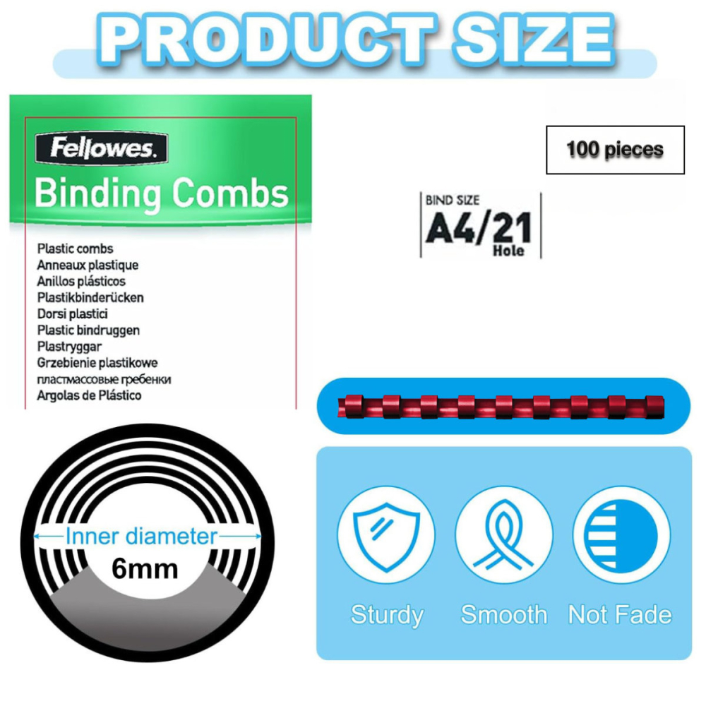 Set 100 spire inele plastic 6 mm rosu pentru legat documente A4 pana la 20 coli ambalaj economic Fellowes [2]
