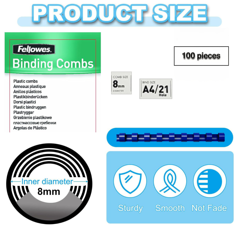 Set 100 spire inele plastic 8 mm albastru pentru legat documente A4 pana la 40 coli ambalaj economic Fellowes [2]