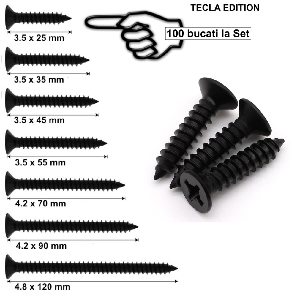 Set 100 Suruburi Autofiletante pentru Gips-Carton, 3.5 x 25 mm, Profile Metalice si Lemn, Otel Fosfatat, Filet Fin [3]