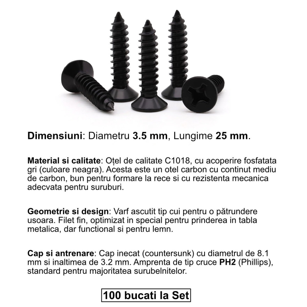 Set 100 Suruburi Autofiletante pentru Gips-Carton, 3.5 x 25 mm, Profile Metalice si Lemn, Otel Fosfatat, Filet Fin [2]