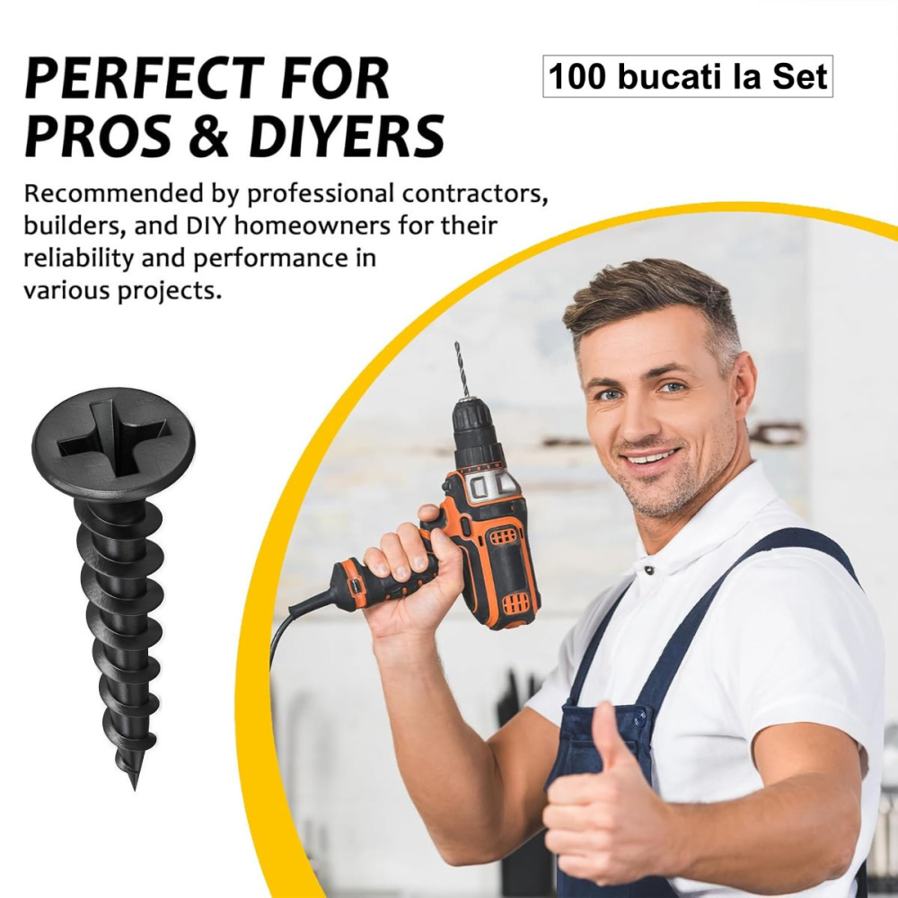 Set 100 Suruburi autofiletante pentru gips-carton, 3.5x25 mm, filet rapid pentru lemn, cap inecat PH2, otel fosfatat [3]