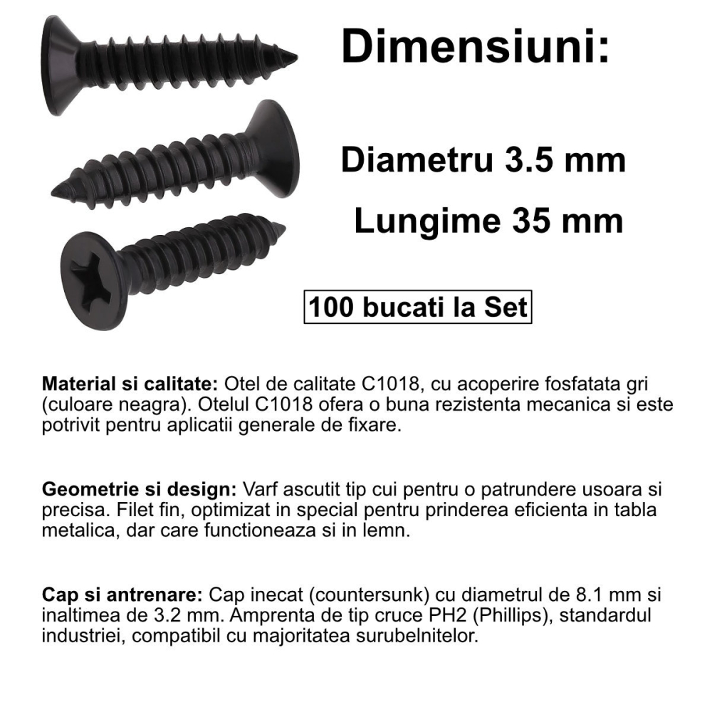 Set 100 Suruburi Autofiletante pentru Gips-Carton, 3.5x35mm, Filet Fin, pentru Metal si Lemn, Otel Fosfatat [2]