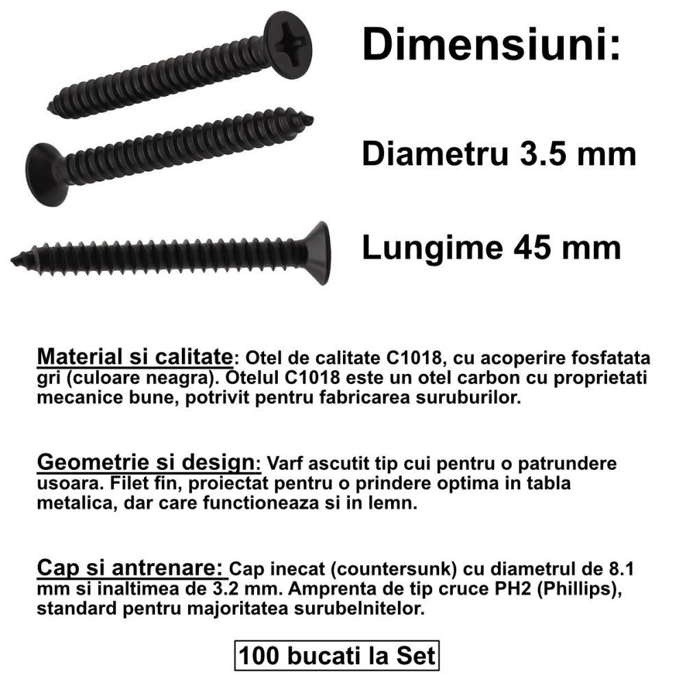Set 100 Suruburi Autofiletante pentru Gips-Carton, 3.5x45mm, Filet Fin, pentru Straturi Duble si Structuri Groase, Otel Fosfatat [2]
