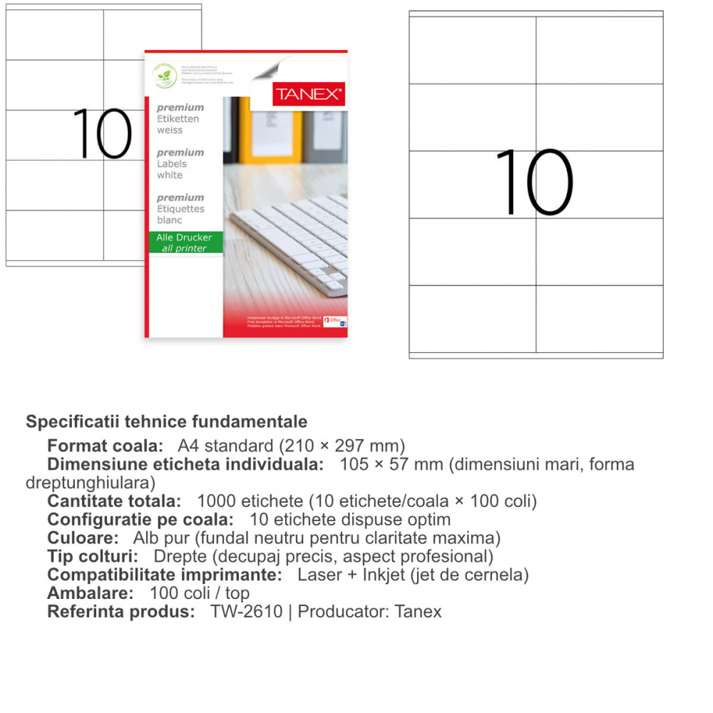 Set 1000 etichete autoadezive A4, 100 coli, 10 etichete/coala, 105x57 mm, albe, colturi drepte, pentru imprimante laser si inkjet, Tanex TW-2610 [3]