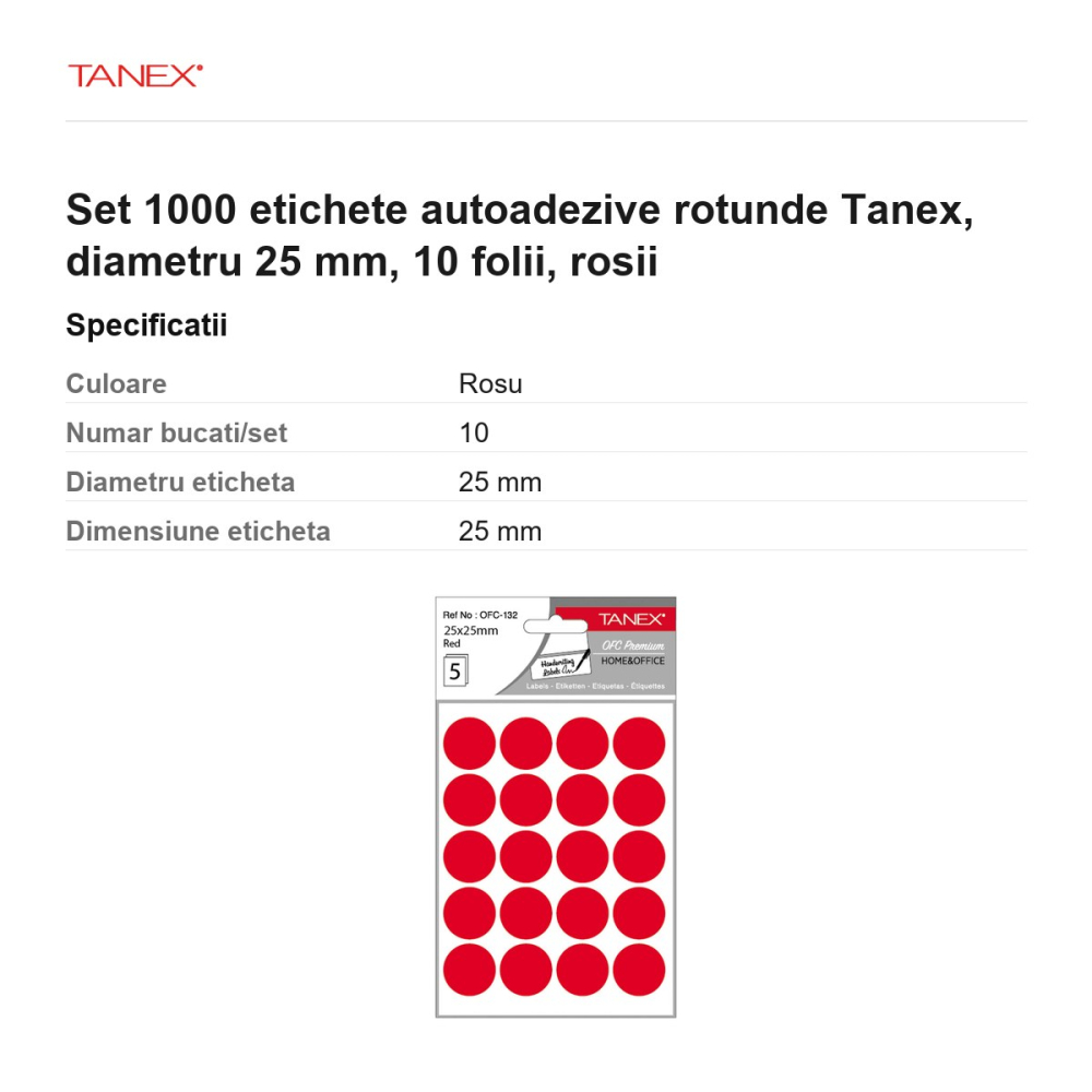 Set 1000 etichete autoadezive rotunde Tanex, diametru 25 mm, 10 seturi, rosii [3]