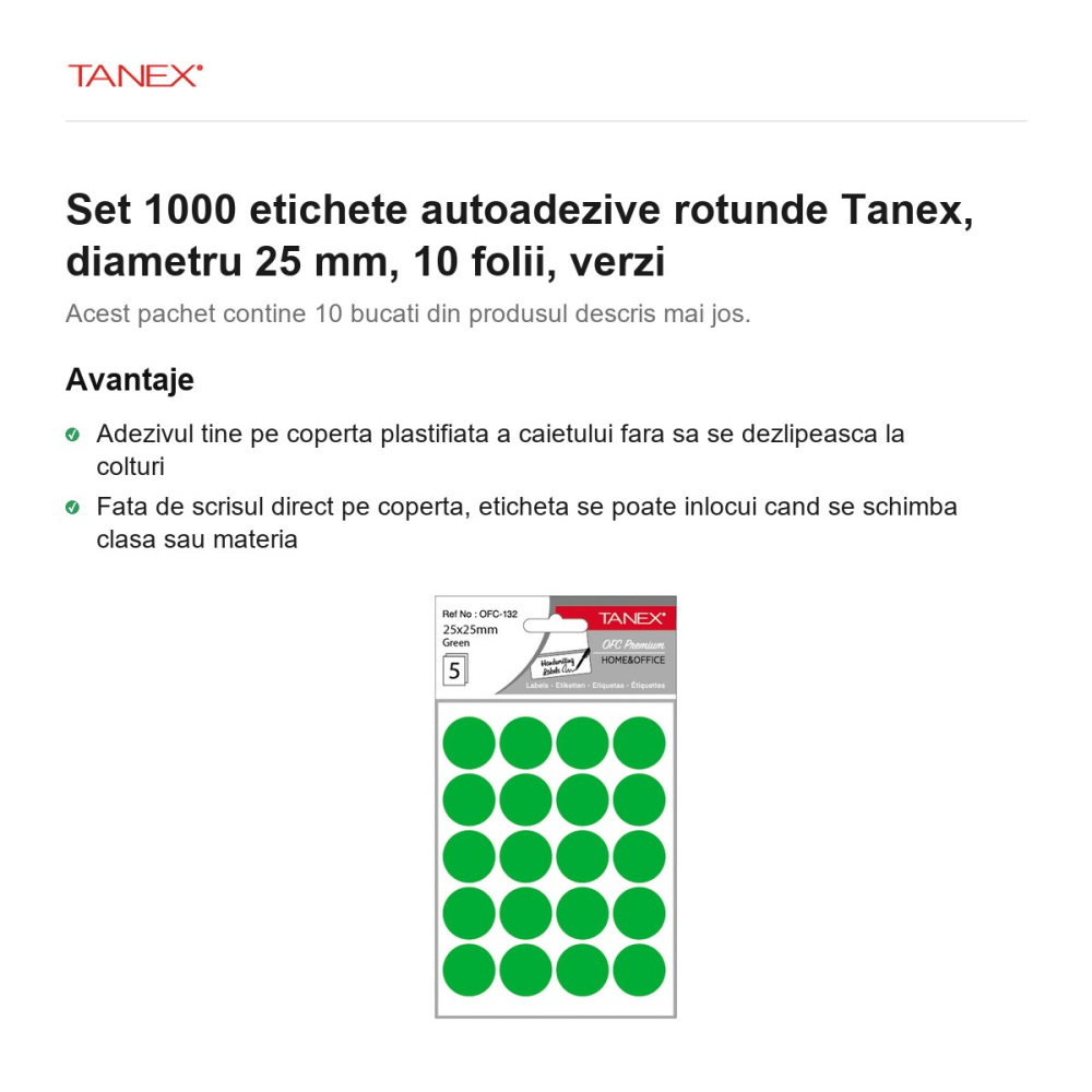 Set 1000 etichete autoadezive rotunde Tanex, diametru 25 mm, 10 seturi, verzi [2]